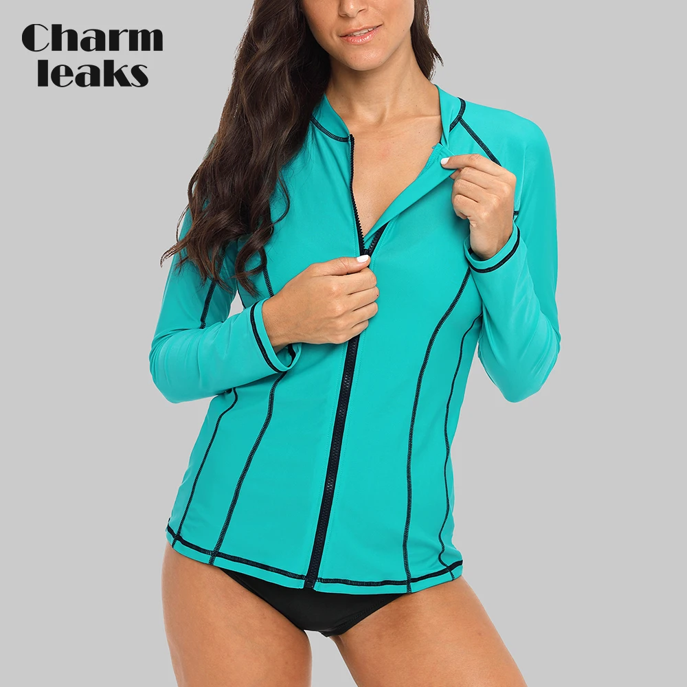 Charmleaks النساء سحاب أكمام طويلة Rashguard تشغيل قميص ملابس السباحة تصفح أعلى طفح الحرس سستة UPF50 + المشي لمسافات طويلة قميص