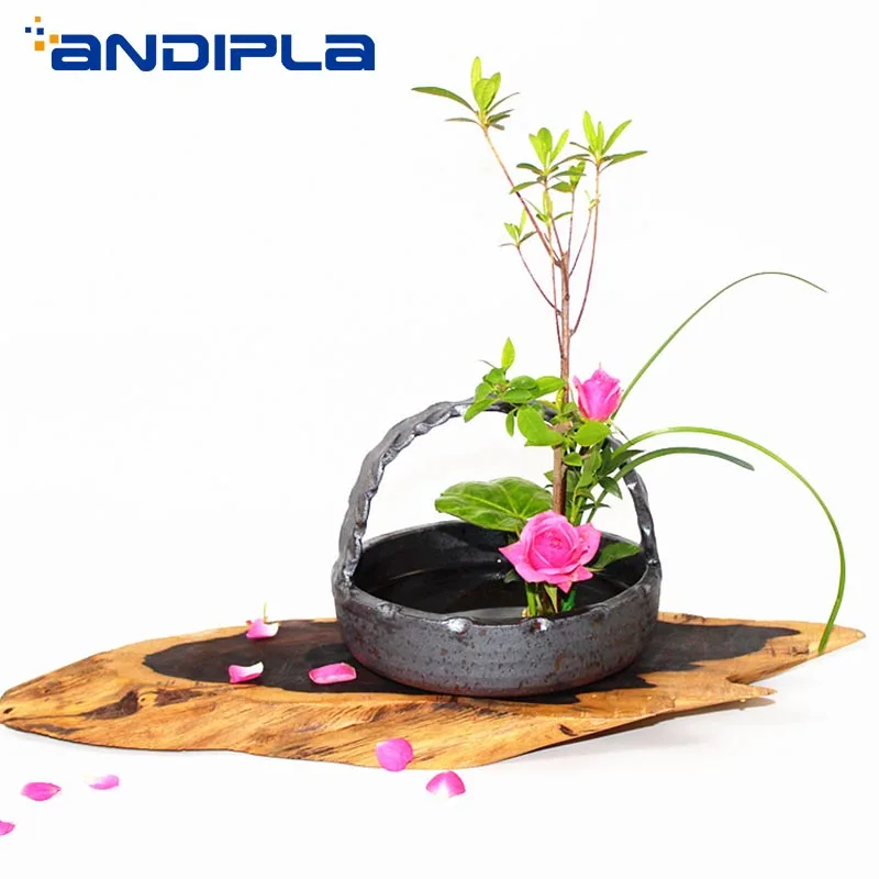 

Vintage Handmade Coarse Pottery Flower Basket Tabletop Flower Pot Vase Zen Ceremony Ikebana Tool Ceramic Containers Home Decor