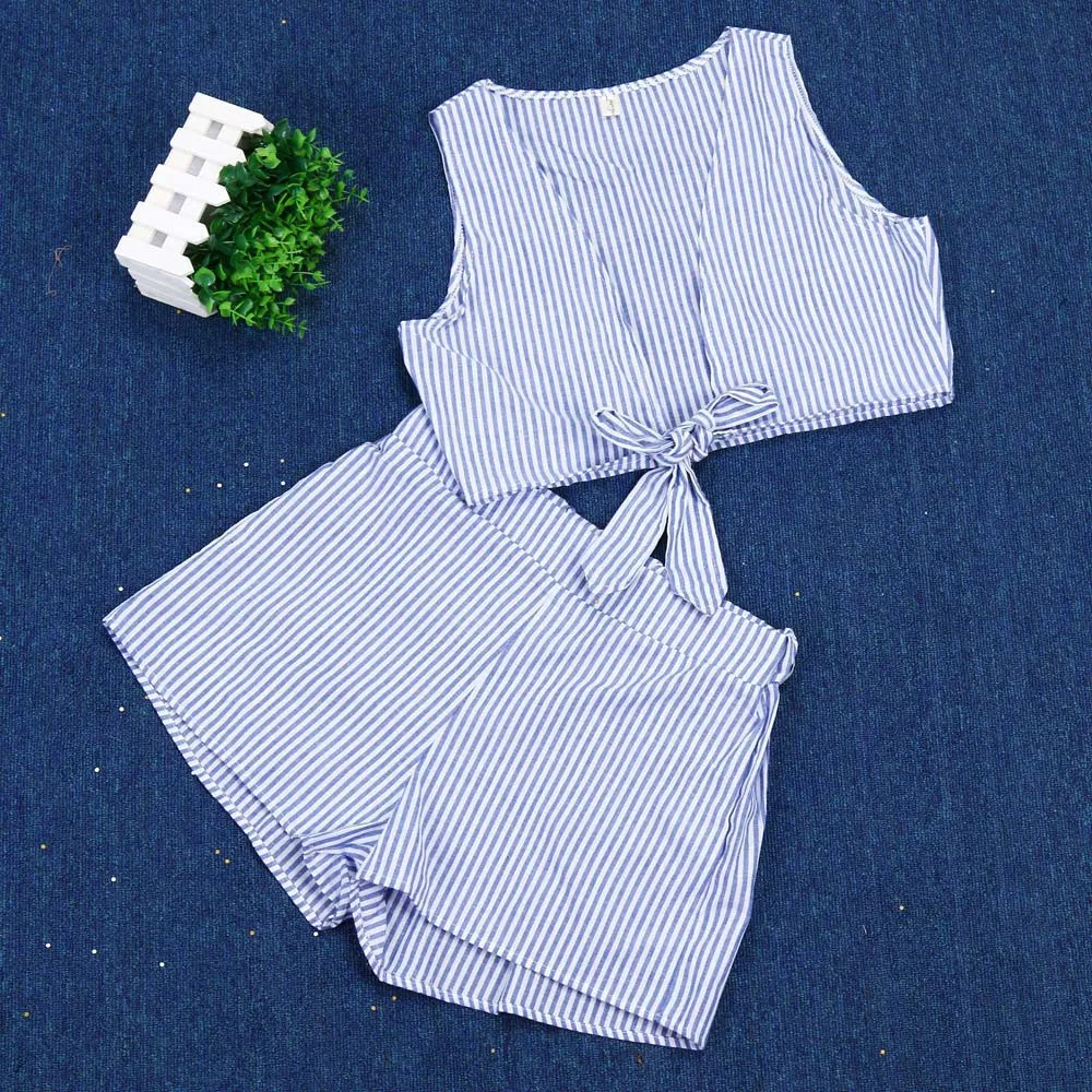 

Feitong Women Sexy Convertible Vertical Striped Two Piece Sets 2018 Sleeveless Bow Tie Crop Top With Shorts Beachwear Suit