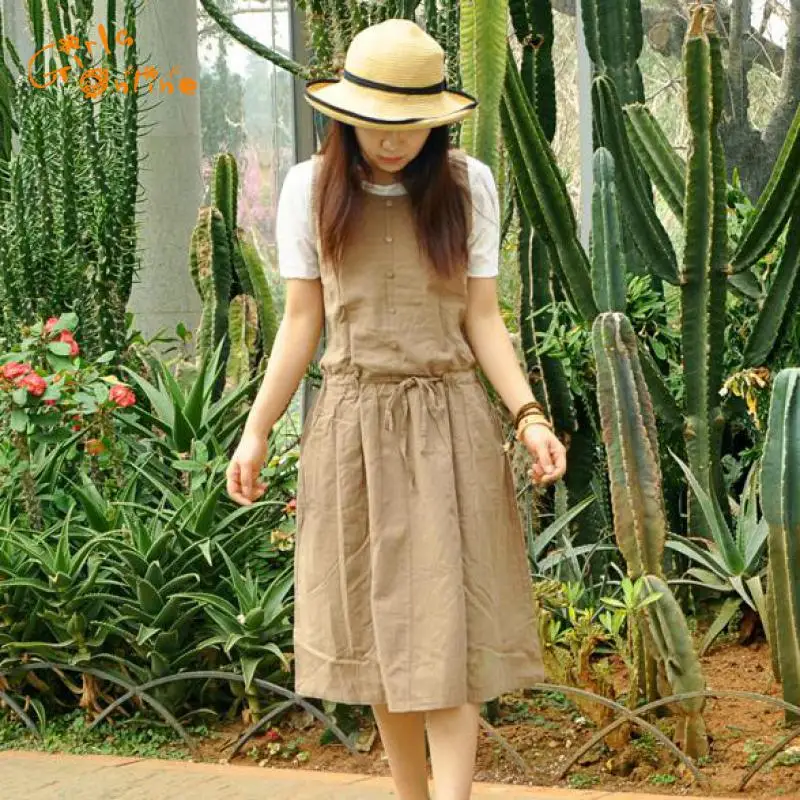 

2018 Spring Summer Vest Dress Original Art Sleeveless Drawstring Vintage Dress Plus Size Linen O-neck Mori Girl Vestido