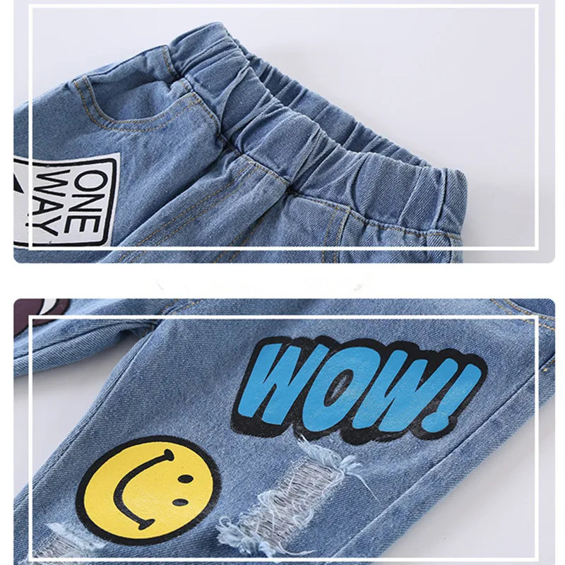 4 Fall & Winter Boys Pants Cartoon Jeans Boy Jeans Ripped Broken Holes Kid Denim Pants Trousers Cotton Elastic Waist Boy Clothing