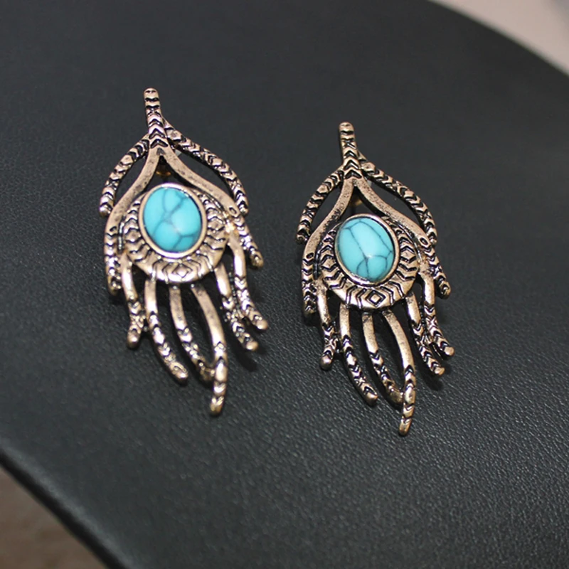 

Peacock feather blue round beads earrings statement earrings