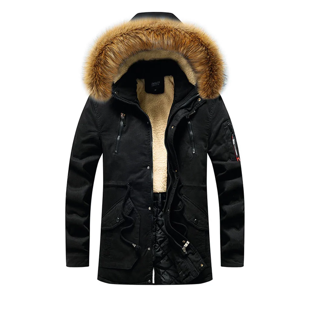 Autumn Winter Jacket Men 2XL 3XL Cotton Padded Warm Parka Coat Casual Faux Fur Hooded Fleece Long Male Jacket Windbreaker Men - Цвет: Черный