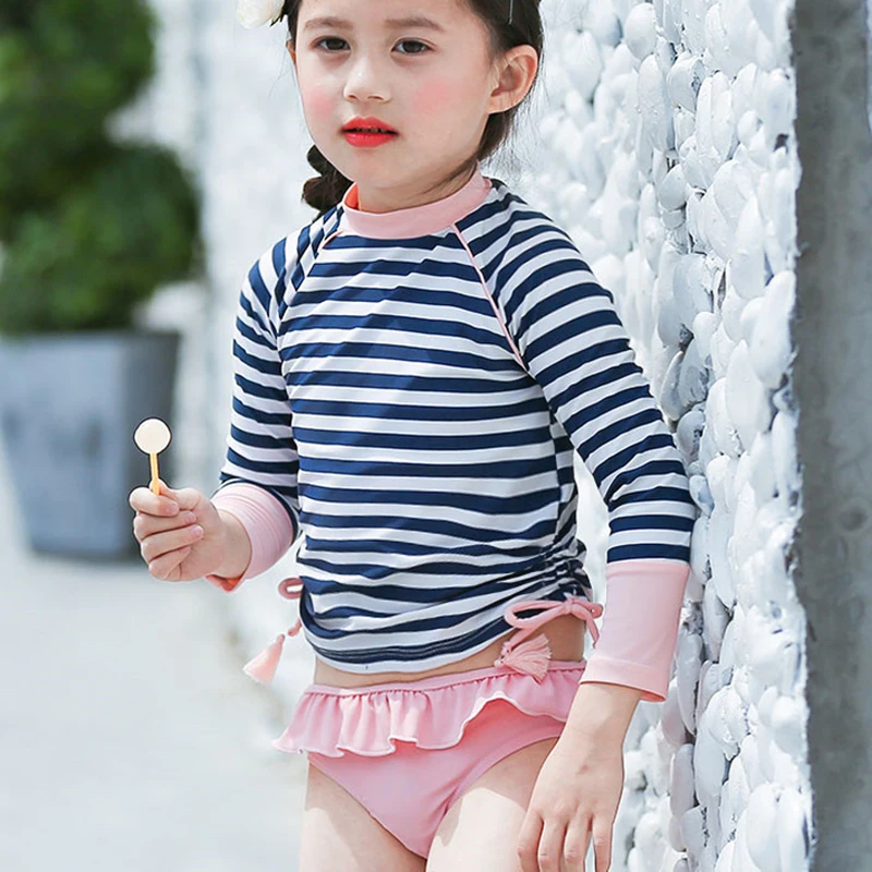 

Girl Two Pieces Swimsuit For Hot Springs Striped Swimsuit Girl Toddler Baby Long Sleeve Sunproof Swimwear Children Kids Swimsuit