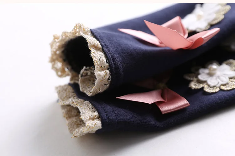 2018 Summer Kids Children Cotton Pink Gray Navy Blue Full Length Capri With Bow Flower Foral Lace Baby Girl Leggings Children (25)
