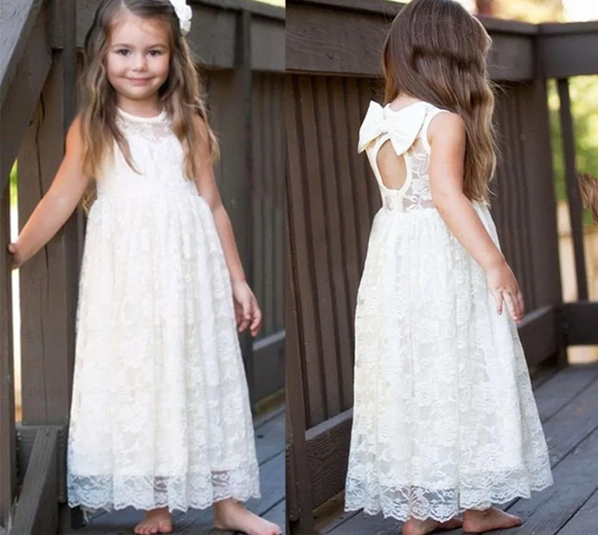 

Lovely Cheap Flowers Girl Dress Open Back Full Lace Girls Birthday Gown with Bow Ankle Length White Ivory First Communion Dress
