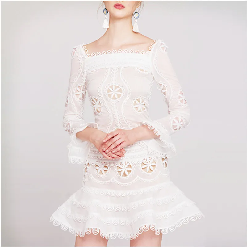 

Women Hollow out Embroidery Lace Dress Summer 2019 Flare Sleeve Sexy party Mermaid Dresses Slim Short Ruffled MIni Boho Dress