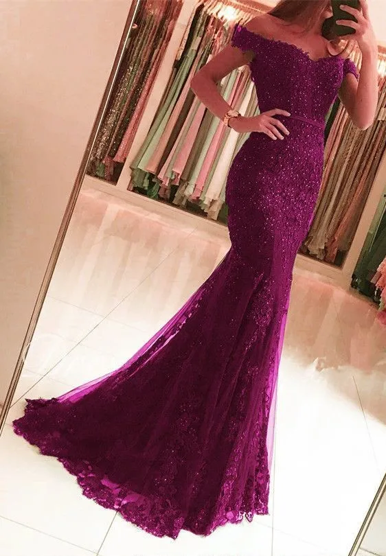 prom gowns Off the Shoulder Prom Dresses Long Elegant Beaded Lace Aooliques vestido formatura Red Mermaid Formal Party Gowns prom & dance dresses