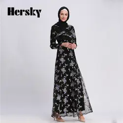 Взрослых мусульманских Для женщин кружева вышивка вечернее платье плюс Размеры Дубай Абаи Турции элегантный Исламская одежда для