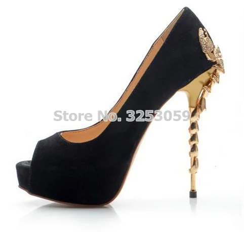 

ALMUDENA Top Brand Luxurious Peep Toe Gold Metal Scorpion Pattern Heel Dress Pumps Gold Heels Bling Bling Wedding Platform Shoes