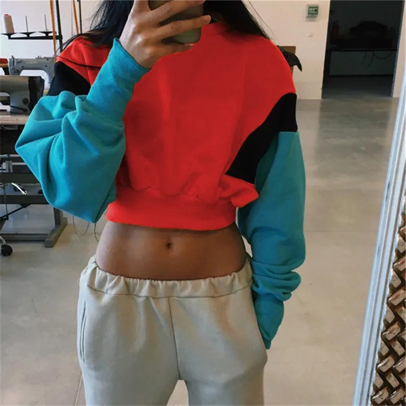 

2018 New Women Spring Autumn Cute Pinkycolor Orange Hoodies Long Sleeve Loose Crop Top Sweatshirt Casual Patchwork Clothes
