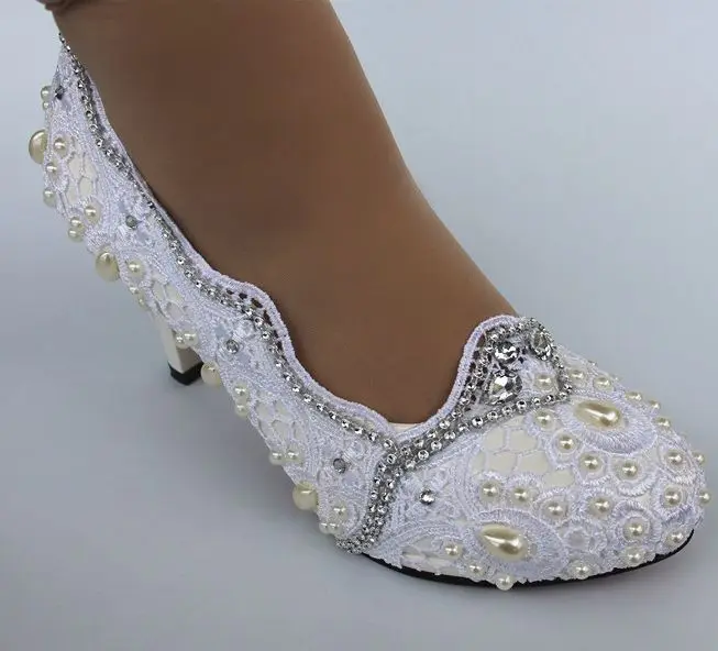 

White laces wedding shoes woman handmade white ivory pearl bridal bridesmaid ladies party wedding dancing HS037 laces pumps shoe