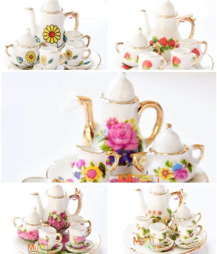 

Wholesale 1:12 Dollhouse Miniature Ceramic Rose Tea Set forest animal family furniture toys for girls Gift for children