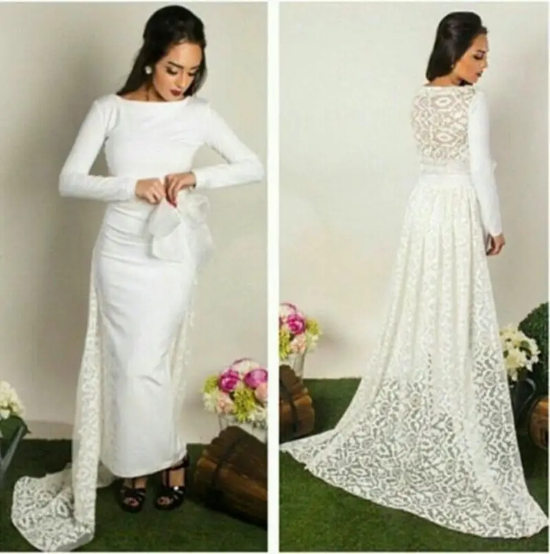 

New Coming Mermaid Evening Dresses with O Neck Long Sleeve Lace Back Sweep Train Arabic Evening Gowns Party Dresses