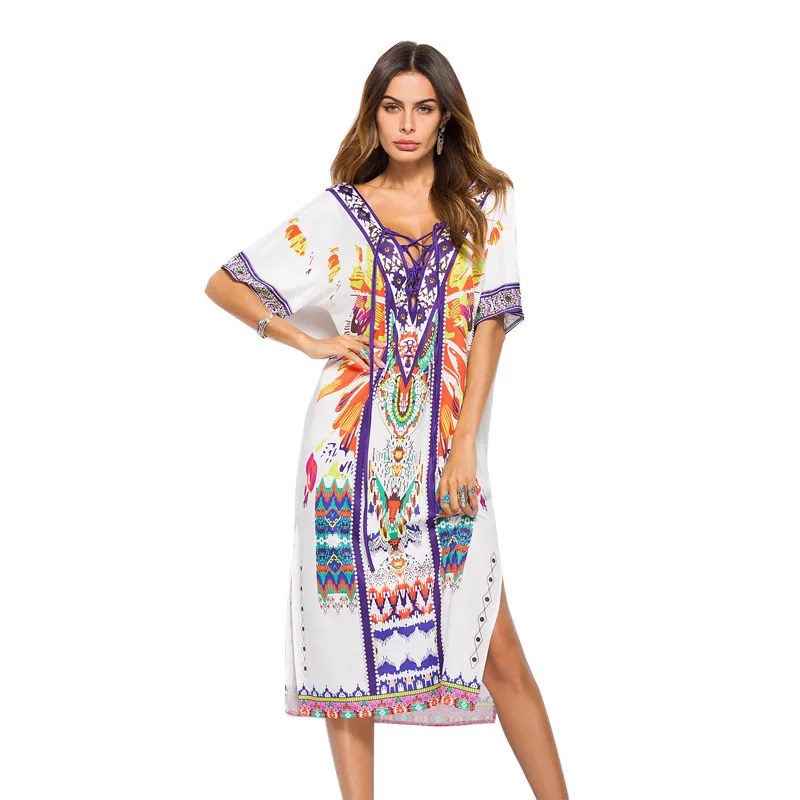 Boho floral dress beach dress Knee Length V Neck Loose summered dresses