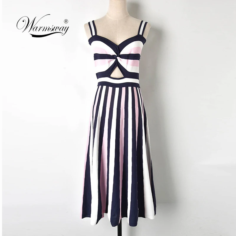 European & American Hit Color Striped Knitting Dress 2019 Summer Women Hollow Waist Backless spaghetti Strap Midi Sundress C-180