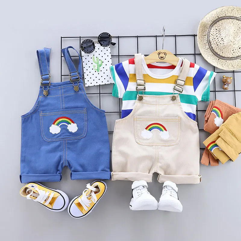 

summer new casual baby boys girls short sleeve 2pcs clothing sets overalls and stripes t-shirt rainbow pattern Jumpsuit Overlles