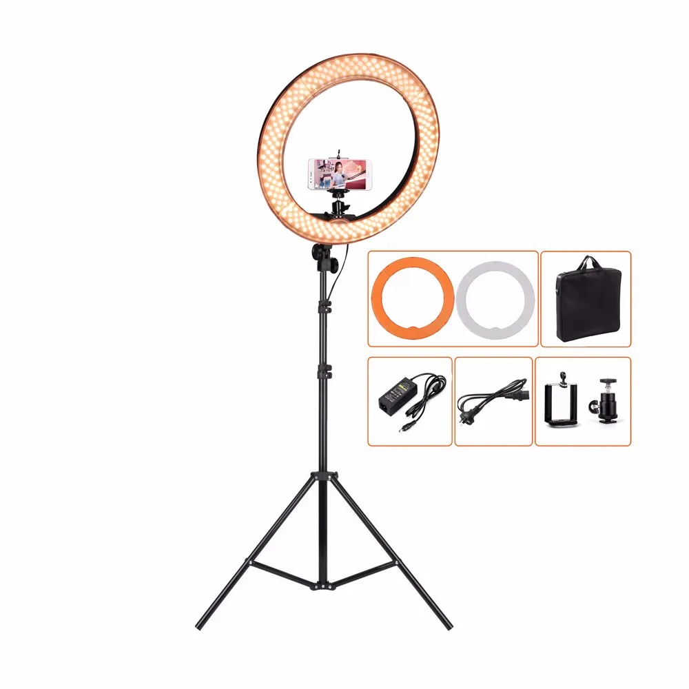 

ES240 240 LED 18" Stepless Adjustable Ring Light Camera Photo/Video 240pcs LED 5500K Dimmable+ 2 Color Filter+ stand