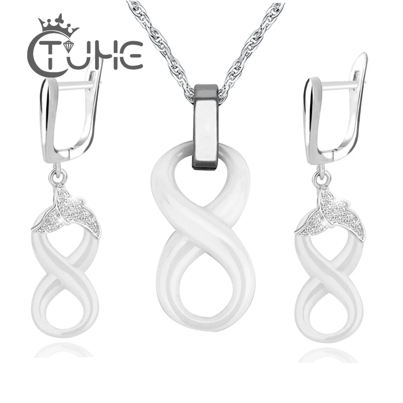 

Charm Fashion Infinity 8 Pendant Necklaces & U Shape Earrings Elegant White Jewelry Set For Women Clavicle Necklace Wedding Gift