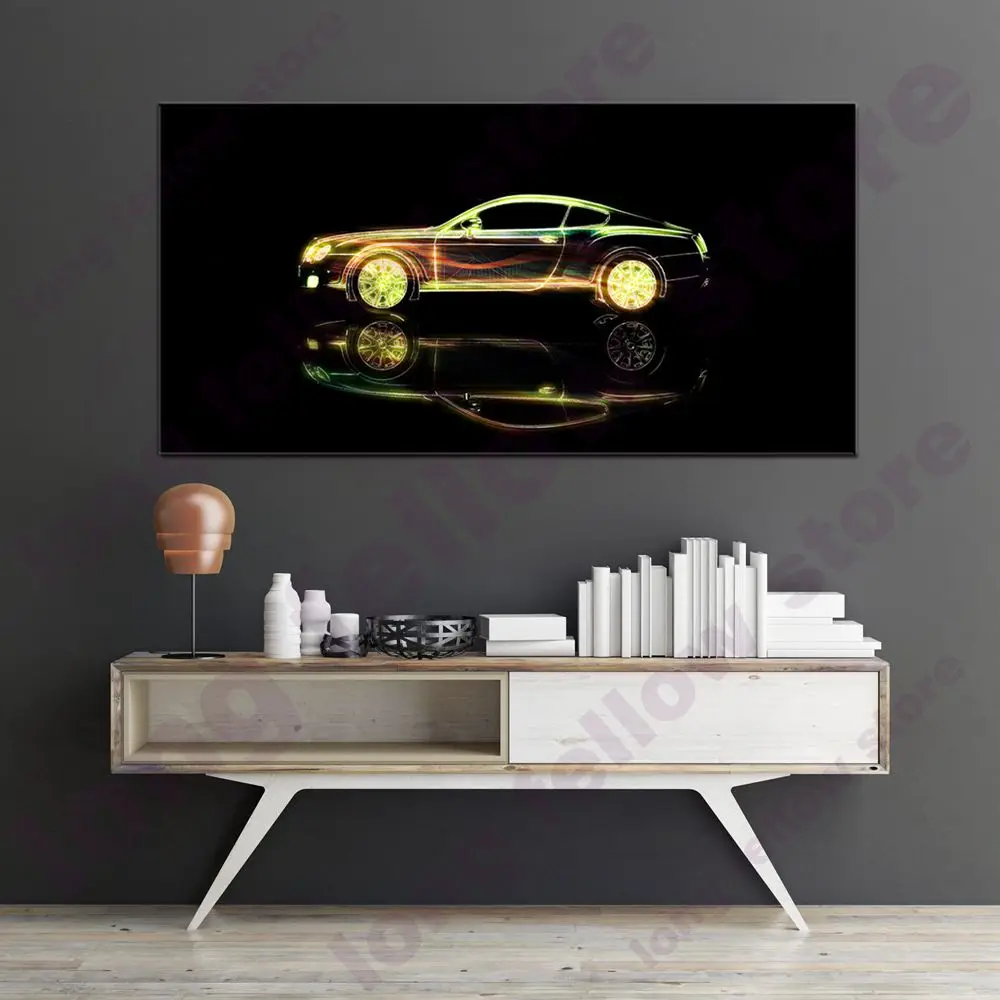 Large Posters and Prints Golden Sports Car Cartoon Picture for Bedroom Office Wall Decor Abstract Artwork Wall Art Home Decor