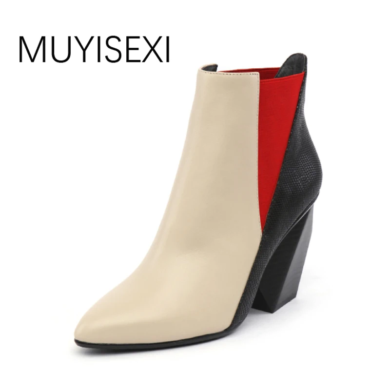 

Clear stock! Women Boots Genuine Leather Pointed Toe Slip On High Heel Mixed Color Ankle Boots shoes MUYISEXI