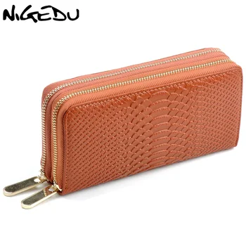 

NIGEDU Genuine Leather women wallet crocodile clutch purse Large capacity double zipper wallet Clutches notecase Long purses