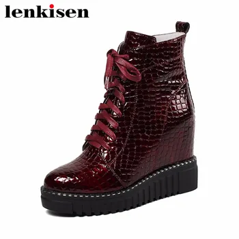 

Lenkisen scrub genuine lrather round toe super high bottom zipper 2018 recommed high fashion vintage dress women ankle boots L02