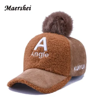 

MAERSHEI New Thick Velvet Autumn Winter A letter Hat Child Warm Ear Caps Faux Rabbit Fur Pompom Ball Baseball Cap For Boys Girls