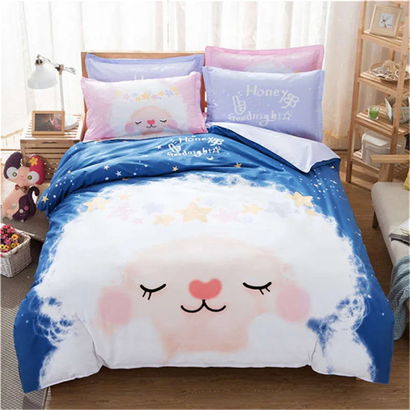 

100% cotton Home Textile Warm Blue White Cartoon Sheep Pattern Twin Queen Size Bedding sets Pillowcase Bed Sheet Duvet Cover
