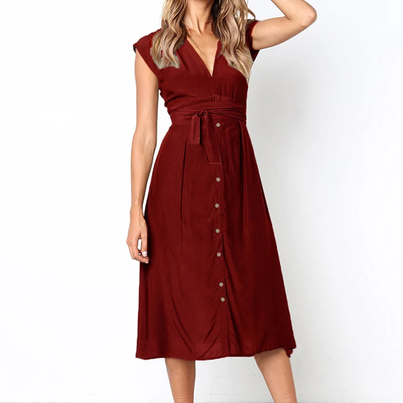

2019 New Beach Summer Dress Solid Buttons Sashes Knee-length Dresses Robe Boho Women Clothes Casual Bandage Sundress Femme GV152