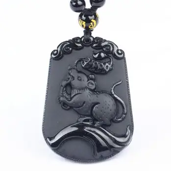 

Natural Obsidian 12 Zodiac Rat Ludi Rats Pendant Pendant Men and Women Necklace o11#