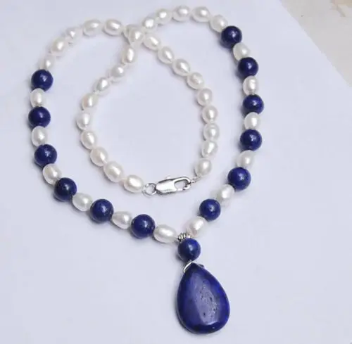

song voge gem nanJ0198 Natural 7-8MM White Akoya Pearl / Lapis Lazuli Pendant Necklace 18" SF