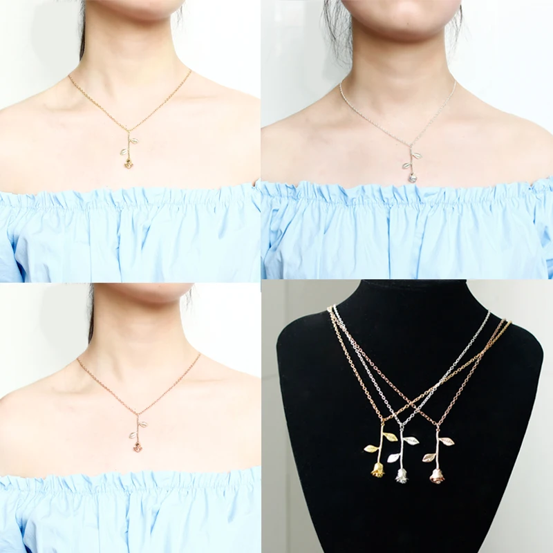 

3 style Simple Rose gold silver color rose flower statement stainless long link chain mental pendant female necklace gift