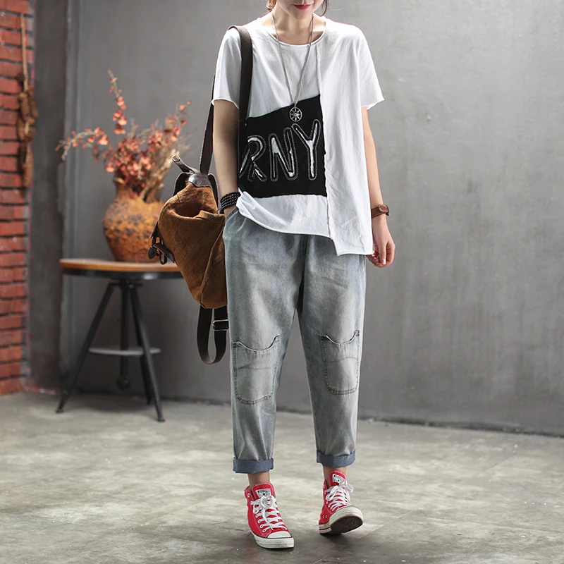 الصيف لينة القطن تي شيرت فضفاض قصيرة الأكمام تيز مع بقع للألوان يا الرقبة خمر عارضة T قميص ل امرأة Z0BZ30