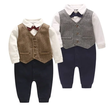 

Infant baby gentleman rompers boys long sleeve Two fake vest tie bow birthday clothes new autumn winter boy clothing dress