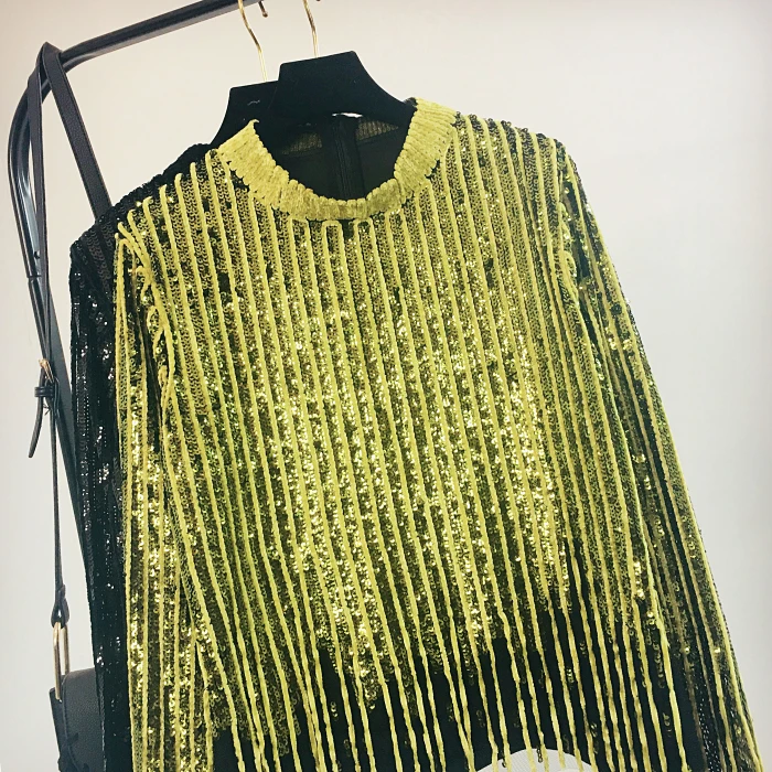Новое поступление женский blingbling Золотой Серебряный свитер с круглым воротником длинный рукав женский вязаный пуловер индивидуальность свитера с бисером