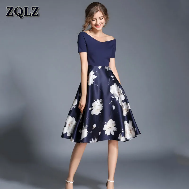 

ZQLZ 2018 Summer Fashion Vintage Dress Women Elegant Sexy Evening Party Dresses V Neck Short Sleeve Floral Vestidos Mujer