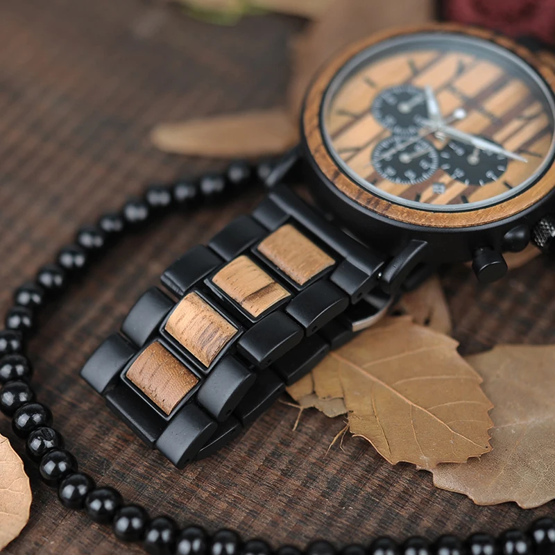 BOBO BIRD Unique Dial Stopwatch Bamboo Wooden Watches Men Wrist Watch With Date Create clock Gift In Wood Box saat erkek