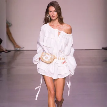 

Runway Women two piece sets Chiffon Blouse Shorts Outfits 2019 Summer Sexy Slash Neck Tops Pockets Pants Suit Ladies High Street