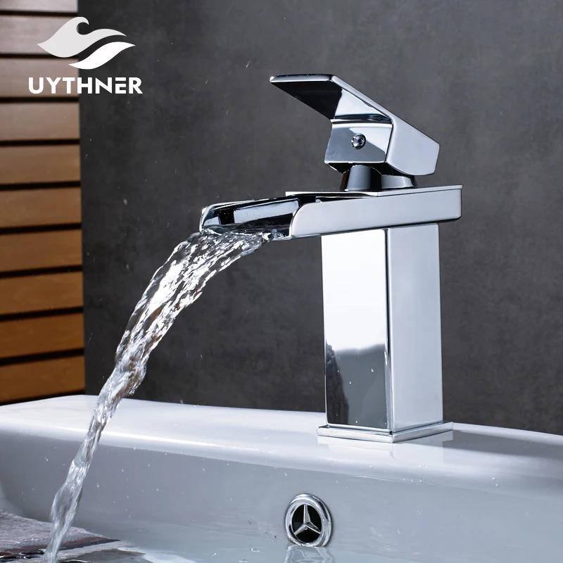 

Chrome Polished Bathroom Waterfall Spout Basin Faucet Single Handle Mixer Tap Deck Mounted