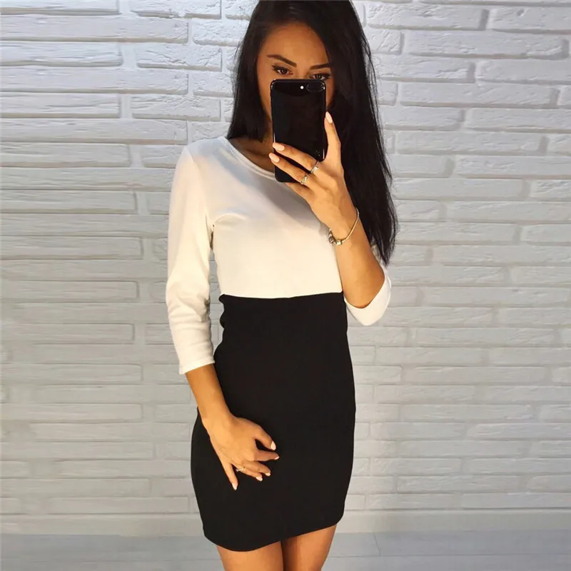 Women Color Block Dress Casual O Neck Bodycon Dress Contrast Color Stitching Seven-Point Sleeves Slim Slimming Casual Dress