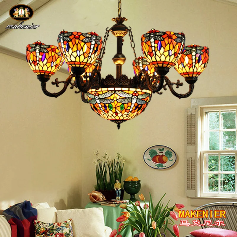 Us 550 0 Makenier Vintage Tiffany Style Cyan And Red Stained Glass Dragonfly Lampshades 6 Arms Chandelier With 12 Inches Inverted Ceiling In Pendant