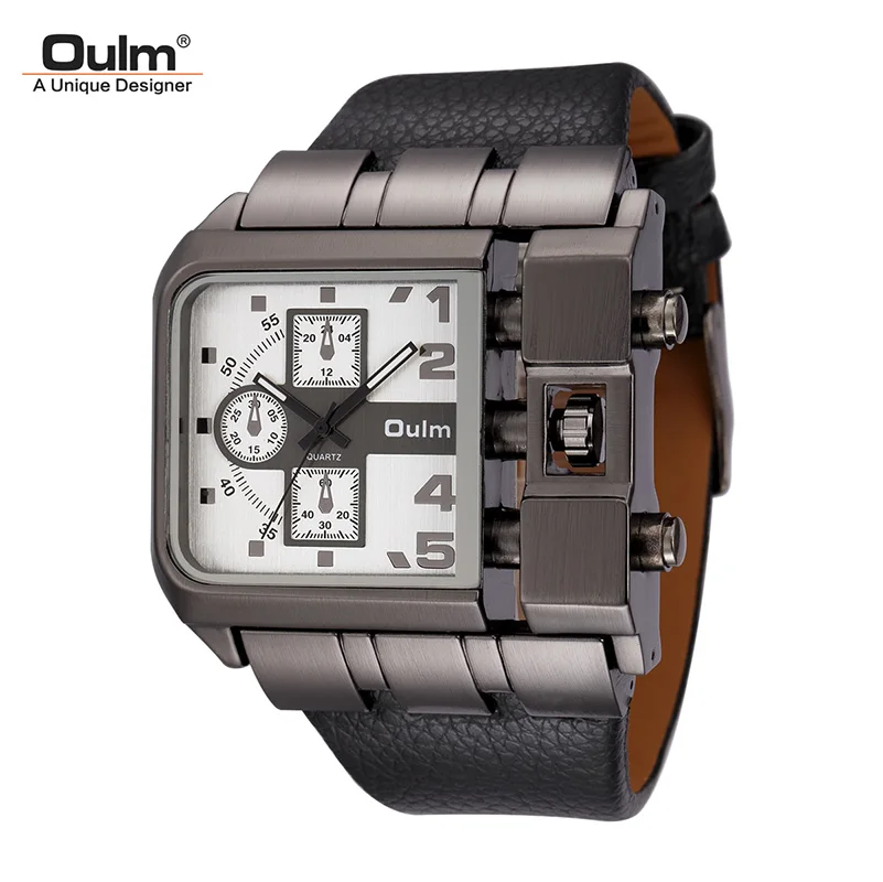 Oulm, фирменные, оригинальные, уникальный, квадратный дизайн, мужские спортивные наручные часы с большим циферблатом, повседневные, с ремешком из искусственной кожи, кварцевые мужские часы, reloj hombre - Цвет: White