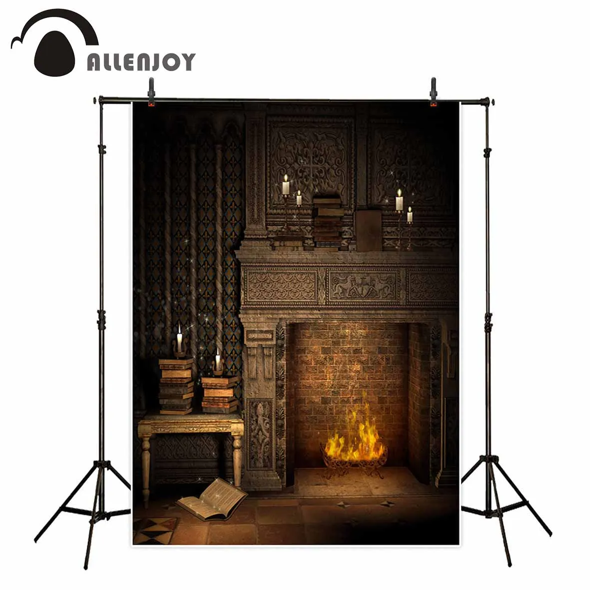 

Allenjoy photography backdrop fireplace Candle books flame European style vintage background for photo studio camera fotografica