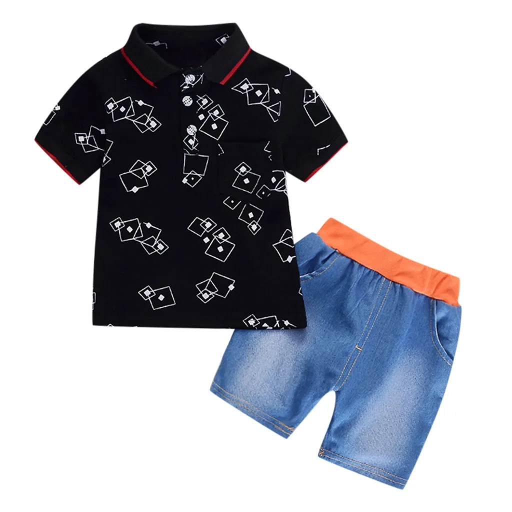 

Infant Baby Girl Gentleman Geometric Shirt Print Denim Shorts 2PC Set Outfits
