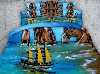 

JF-282 Oil Painting Style 4pcs Ocean and ship print bedding sets king size