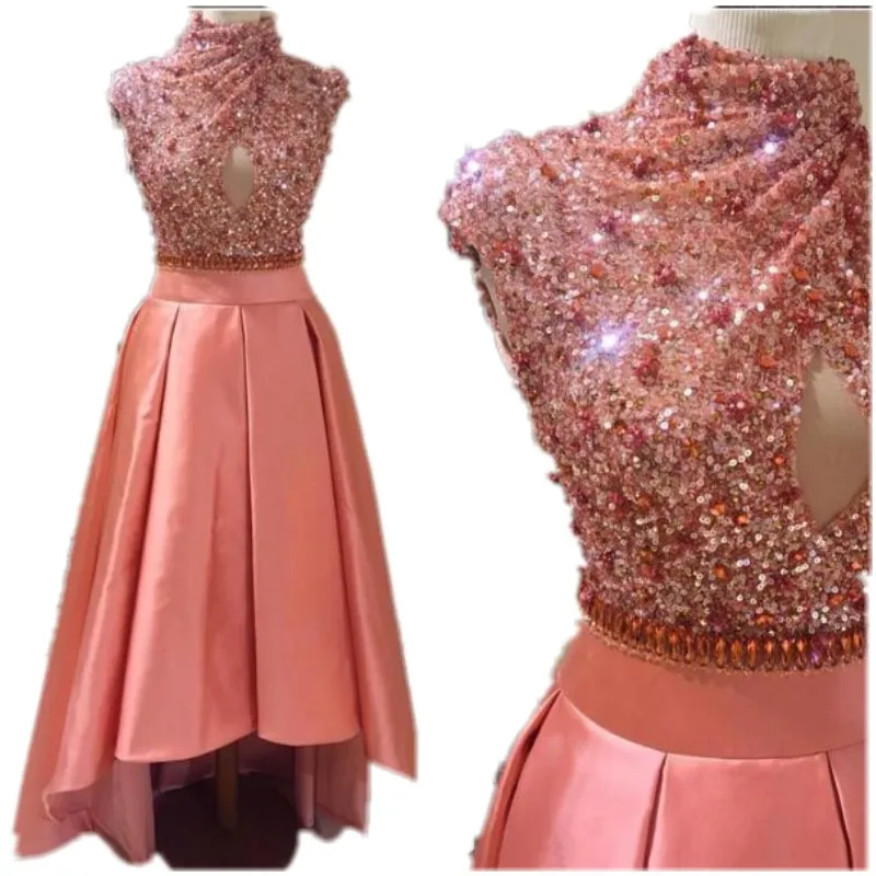 Sequined Crystals Prom Dress Rose Gold 2017 Capped Sleeve High Neck Open Bust High Low Party
