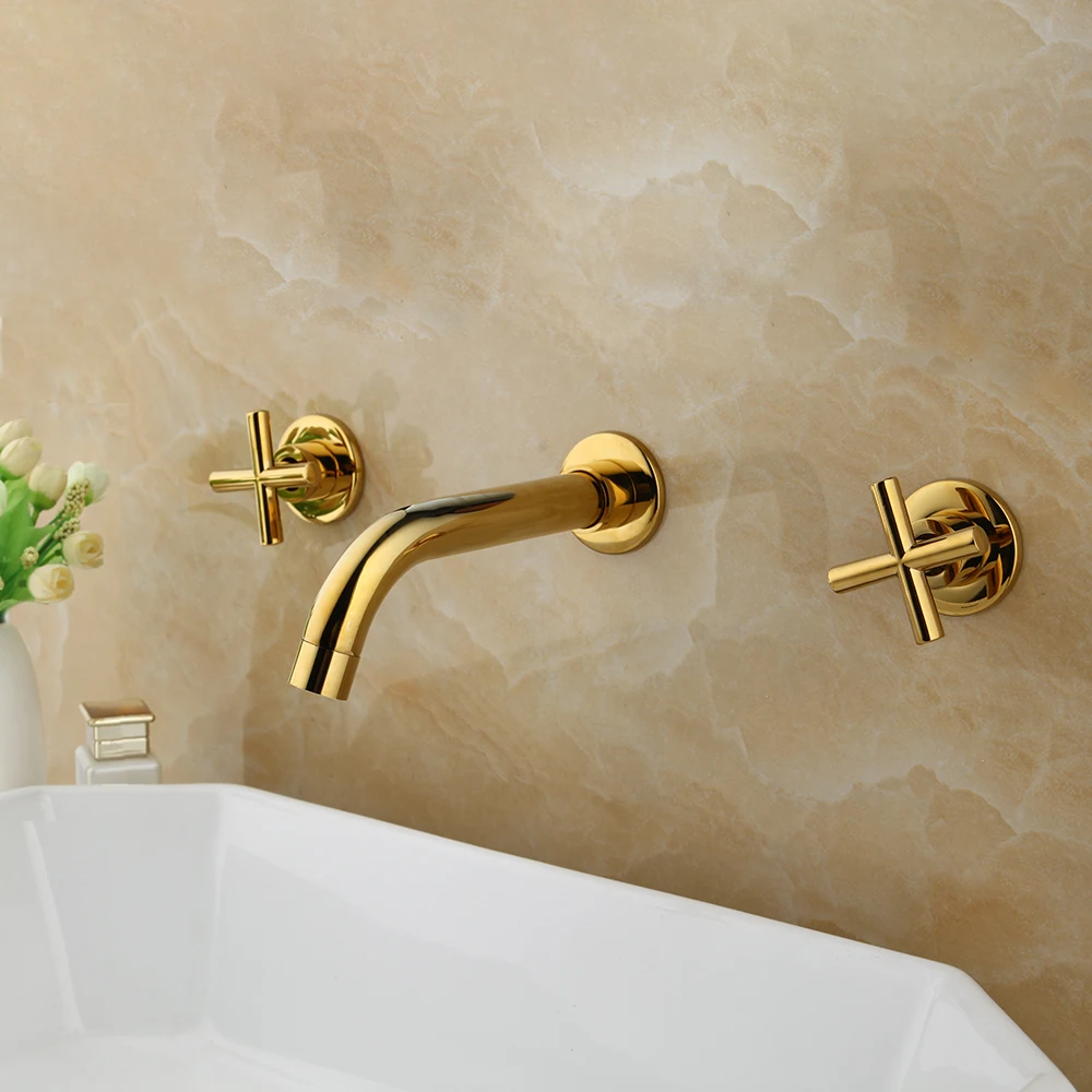 Kaufen KEMAIDI Wasserhähne Wand Waschbecken Becken Mischbatterie Set Bad Auslauf Wasserhahn Mit Doppel Hebel In Matt Schwarz Poliert gold