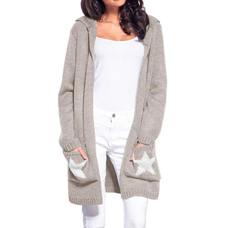 

2019 Autumn Winter New Womens Hooded Sweaters Fashion Knitted Casual Coats Woman Plus Size Female Long Knit Sweater Star Design