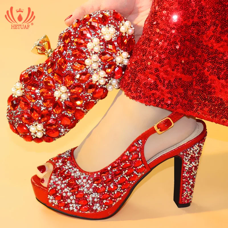 

New Red Color Italian Shoes with Matching Bag Set Decorated with Crystals Nigerian Shoes and Matching Bags African Shoes and Bag